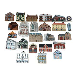 Vintage The Cat’s Meow Lot of 24 Wooden Village Buildings Banks Markets